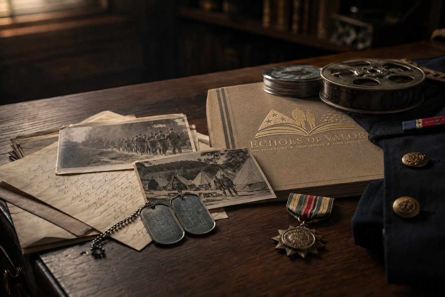 Veteran photographs, letters, dog tags, service medals, a uniform, and an Echoes of Valor heirloom book arranged on a wooden desk