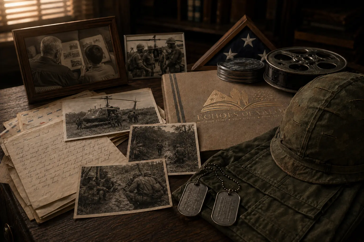 A veteran and young family member looking through an album among service photographs, letters, dog tags, film reels, a uniform, and an Echoes of Valor heirloom book